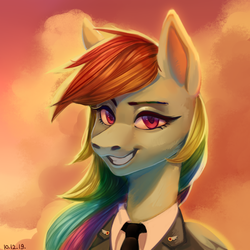 Size: 2000x2000 | Tagged: safe, artist:pilushka, rainbow dash, g4, adorasexy, bust, clothes, cloud, cute, high res, portrait, sexy, smiling, sunset, uniform, wonderbolts dress uniform