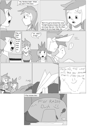 Size: 988x1417 | Tagged: safe, artist:karasu-96, rainbow dash, spike, human, g4, bench, black and white, bush, exclamation point, grayscale, humanized, map, monochrome, paper airplane, question mark, sad, sketch, speech bubble