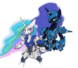 Size: 2000x1733 | Tagged: safe, artist:satv12, nightmare moon, princess celestia, princess luna, alicorn, semi-anthro, g4, arm hooves, armor, ethereal mane, female, gundam, gundam 0080: war in the pocket, gundam alex, kämpfer, mare, mobile suit gundam, ms-18 kampfer, rx-78-nt1, sharp teeth, slit pupils, teeth