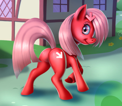 Size: 5846x5091 | Tagged: safe, artist:14-bis, oc, oc only, oc:downvote, earth pony, pony, derpibooru, butt, derpibooru ponified, female, mare, meta, plot, ponified, raised hoof, smiling, solo