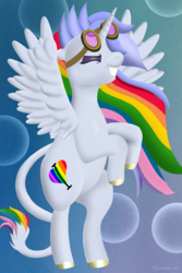 Size: 1728x2592 | Tagged: safe, artist:techarmsbu, oc, oc only, oc:aeon of dreams, oc:euphoria, oc:lightning bliss, alicorn, pony, abstract background, alicorn oc, colored hooves, eyes closed, female, fusion, fusion:euphoria, goggles, horn, leonine tail, mare, multicolored hair, rainbow alicorn, rainbow hair, rearing, solo, spread wings, wings