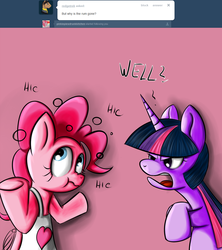 Size: 1024x1152 | Tagged: safe, artist:geneticanomaly, pinkie pie, twilight sparkle, pony, pinkiepieskitchen, g4, apron, clothes, drunk, hiccup, onomatopoeia