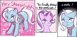 Size: 1287x614 | Tagged: safe, artist:burgeroise, starlight glimmer, trixie, pony, unicorn, g4, backless, clothes, comic, dialogue, female, lesbian, mare, open mouth, open-back sweater, question mark, ship:startrix, shipping, sleeveless sweater, sweater, talking, teary eyes, virgin killer sweater