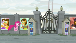 Size: 1920x1080 | Tagged: safe, screencap, brick house, cheese sandwich, pinkie pie, tough break, earth pony, pony, g4, the last laugh, accordion, background pony, cheese's factory, female, gate, guard, male, mare, musical instrument, stallion, wall