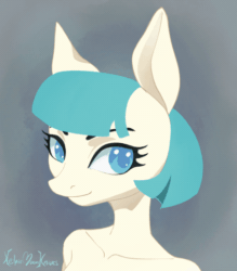 Size: 421x480 | Tagged: safe, artist:kelpiemoonknives, coco pommel, earth pony, anthro, g4, animated, bare shoulder portrait, bare shoulders, bust, female, gif, gray background, mare, portrait, simple background, solo