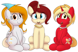 Size: 4296x2880 | Tagged: safe, artist:an-tonio, oc, oc only, oc:cylia fever, oc:golden brooch, oc:rita cloudy, pegasus, pony, unicorn, 2020 community collab, derpibooru community collaboration, cute, ear piercing, female, jewelry, mother, necklace, ocbetes, pearl necklace, piercing, simple background, sitting, smiling, transparent background