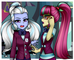 Size: 1138x924 | Tagged: safe, artist:nekojackun, edit, sour sweet, sugarcoat, equestria girls, g4, my little pony equestria girls: friendship games, bowtie, clothes, cropped, crystal prep academy uniform, crystal prep shadowbolts, duo, duo female, female, freckles, glasses, looking at you, open mouth, ponytail, school uniform, vest