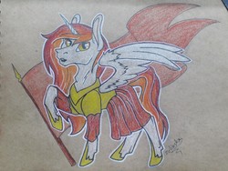 Size: 1600x1200 | Tagged: artist needed, safe, oc, oc only, oc:king phoenix, alicorn, pony, alicorn oc, clothes, flag, horn, looking at you, male, raised hoof, solo, spread wings, stallion, traditional art, wings