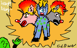 Size: 640x400 | Tagged: safe, artist:topben, oc, oc:anon, human, monster pony, unicorn, 1000 hours in ms paint, clown, clown nose, funny, multiple heads, red nose, shitposting, smiling