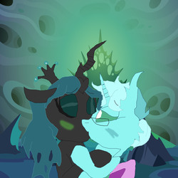 Size: 2868x2868 | Tagged: safe, queen chrysalis, oc, changeling, g4, blushing, blushing profusely, canon x oc, eyes closed, high res, hive, holding hooves, kissing, self insert