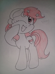Size: 2448x3264 | Tagged: safe, artist:swivel starsong, part of a set, oc, oc only, oc:temmy, earth pony, pony, project seaponycon, female, grin, high res, mare, nation ponies, one eye closed, raised hoof, singapore, smiling, solo, traditional art, wink