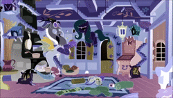Size: 1280x720 | Tagged: safe, screencap, discord, fluttershy, draconequus, pegasus, pony, dungeons and discords, g4, animated, blushing, covering mouth, duo, female, fluttershy's cottage, inverted colors, male, mare, opposite discord, opposite fluttershy, sound, webm