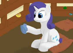 Size: 550x400 | Tagged: safe, artist:quint-t-w, rarity, pony, unicorn, g4, female, horseshoes, old art, pillow, sitting, solo