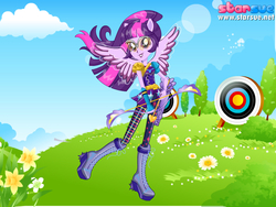 Size: 800x600 | Tagged: safe, artist:user15432, sci-twi, twilight sparkle, human, equestria girls, g4, my little pony equestria girls: friendship games, archer, archery, arrow, boots, bow (weapon), bow and arrow, clothes, dressup game, flower, glasses, ponied up, shoes, solo, sporty style, starsue, target, weapon, wings