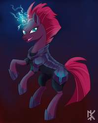 Size: 2787x3507 | Tagged: safe, artist:benkomilk, tempest shadow, pony, unicorn, g4, my little pony: the movie, armor, broken horn, eye scar, female, high res, hoof shoes, horn, looking at you, mare, open mouth, scar, solo, sparking horn