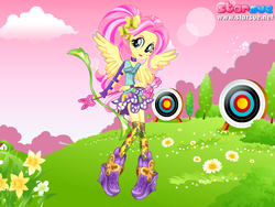 Size: 800x600 | Tagged: safe, artist:user15432, fluttershy, human, equestria girls, g4, my little pony equestria girls: friendship games, archer, archery, arrow, boots, bow (weapon), bow and arrow, clothes, dressup game, flower, hairpin, ponied up, shoes, solo, sporty style, starsue, target, weapon, wings