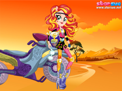 Size: 800x600 | Tagged: safe, artist:user15432, sunset shimmer, human, equestria girls, g4, my little pony equestria girls: friendship games, boots, clothes, dressup game, elbow pads, fingerless gloves, glasses, gloves, goggles, headband, helmet, high heel boots, high heels, knee pads, motocross outfit, motorcross, motorcycle, motorcycle outfit, ponied up, shoes, solo, sporty style, starsue