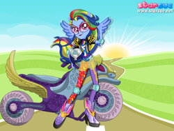 Size: 800x600 | Tagged: safe, artist:user15432, rainbow dash, human, equestria girls, g4, my little pony equestria girls: friendship games, boots, clothes, dressup game, elbow pads, glasses, goggles, helmet, high heel boots, high heels, knee pads, motocross outfit, motorcross, motorcycle, motorcycle helmet, motorcycle outfit, ponied up, shoes, solo, sporty style, starsue, wings