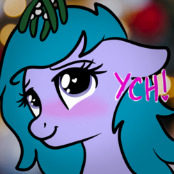 Size: 2100x2100 | Tagged: safe, artist:lannielona, oc, oc only, pony, advertisement, blushing, bust, christmas, commission, cute, female, high res, holiday, lights, mare, mistletoe, portrait, solo, wingding eyes, your character here