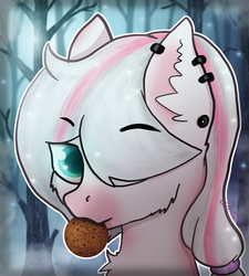 Size: 1200x1336 | Tagged: safe, artist:jesterpi, oc, oc:aura, pony, blue eyes, cookie, dark, dark forest, food, forest, glowing, hair over eyes, piercing, pink, profile picture, spooky