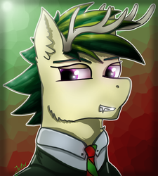 Size: 1200x1336 | Tagged: safe, artist:jesterpi, oc, oc:horny, pony, abstract background, antlers, clothes, fangs, glowing, green and red, necktie, pink, profile picture, red and green, shine, shirt, smiling, smirk