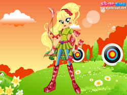 Size: 800x600 | Tagged: safe, artist:user15432, applejack, human, equestria girls, g4, my little pony equestria girls: friendship games, archer, archery, arrow, boots, bow (weapon), bow and arrow, clothes, dressup game, flower, headband, high heel boots, ponied up, shoes, solo, sporty style, starsue, target, weapon