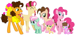 Size: 1280x600 | Tagged: safe, artist:mlptmntdisneykauane, cheese sandwich, li'l cheese, minty, pinkie pie, oc, earth pony, pegasus, pony, unicorn, g3, g4, the last problem, baby, baby pony, colt, family, female, filly, foal, horn, male, mare, offspring, parent:cheese sandwich, parent:pinkie pie, parents:cheesepie, ship:cheesepie, shipping, stallion, straight