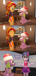Size: 1550x3240 | Tagged: safe, artist:red4567, sci-twi, spike, spike the regular dog, sunset shimmer, twilight sparkle, dog, equestria girls, g4, 3d, angry, christmas, clothes, comic, cutie mark on clothes, garfield, hat, hearth's warming eve, holiday, legs together, santa hat, skirt, source filmmaker, sunset shimmer's skirt