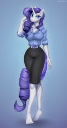 Size: 737x1400 | Tagged: safe, artist:margony, rarity, unicorn, anthro, plantigrade anthro, g4, barefoot, blouse, breasts, busty rarity, curvy, eyeshadow, feet, female, hourglass figure, looking at you, makeup, mare, solo
