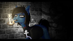 Size: 1920x1080 | Tagged: safe, artist:german_frey, earth pony, pony, undead, zombie, zombie pony, bring me the horizon, candle, clothes, commission, fangs, long sleeves, male, mouth hold, oliver sykes, ponified, scar, shadow, shirt, solo, stallion, stitches, tattoo