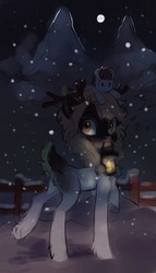 Size: 618x1080 | Tagged: safe, artist:sofiko-ko, oc, oc only, deer, pony, fence, lantern, looking at you, moon, mouth hold, night, pale belly, snow, snowfall, solo, tree, winter