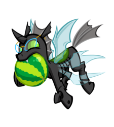 Size: 1800x2000 | Tagged: safe, artist:texasuberalles, derpibooru exclusive, oc, oc only, oc:éling chang, changeling, 2020 community collab, derpibooru community collaboration, changeling loves watermelon, changeling oc, flying, food, glasses, green changeling, male, mouth hold, simple background, solo, transparent background, watermelon