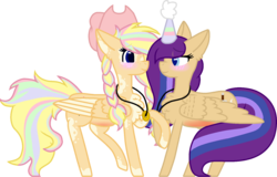 Size: 1677x1073 | Tagged: safe, artist:athenamoon5862, oc, oc:melody scribble, oc:sherlyn wings, pegasus, pony, alternate universe, blushing, female, lesbian, looking at each other, magical lesbian spawn, offspring, pregnant, simple background, transparent background