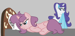 Size: 1090x524 | Tagged: safe, artist:pastel-pocky, rarity, oc, oc:cherry soda, pony, unicorn, g4, angry, base used, bed, blanket, female, freckles, gray background, mare, offspring, older, older rarity, parent:big macintosh, parent:rarity, parents:rarimac, simple background