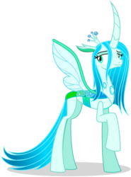 Size: 769x1039 | Tagged: safe, artist:mlptmntdisneykauane, queen chrysalis, changedling, changeling, changeling queen, g4, a better ending for chrysalis, aside glance, female, portuguese, purified chrysalis, raised hoof, simple background, solo, translated in the comments, transparent background