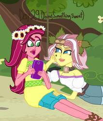 Size: 825x968 | Tagged: safe, artist:ktd1993, gloriosa daisy, vignette valencia, equestria girls, g4, 29, 30 day otp challenge, cellphone, female, gloriette, lesbian, phone, shipping, smiling, smirk, tongue out