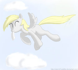 Size: 900x818 | Tagged: safe, artist:rule1of1coldfire, derpy hooves, pegasus, pony, g4, cloud, eyes closed, female, flying, mare, mouth hold, paper, sky, smiling, solo