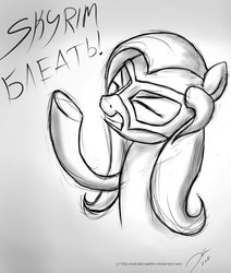 Size: 900x1063 | Tagged: safe, artist:rule1of1coldfire, fluttershy, pony, g4, cyrillic, dovahkiin, dovahshy, female, russian, sketch, skyrim, solo, text, the elder scrolls