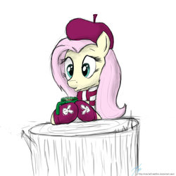Size: 900x900 | Tagged: safe, artist:rule1of1coldfire, fluttershy, pony, g4, beret, breakfast, bundled up for winter, clothes, cup, female, hat, mittens, scarf, sketch, solo, winter clothes