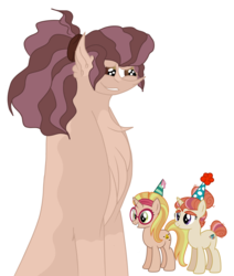 Size: 1736x2048 | Tagged: safe, artist:elhybridtrash, honey lemon, morning roast, earth pony, pony, unicorn, g4, chest fluff, ear fluff, female, glasses, hat, headband, honeyroast, lesbian, magical lesbian spawn, mare, markings, offspring, parent:honey lemon, parent:morning roast, parents:honeyroast, party hat, shipping, simple background, white background