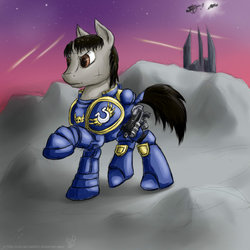 Size: 900x900 | Tagged: safe, artist:rule1of1coldfire, pony, armor, battle suit, bolter, gun, ponified, power armor, solo, space marine, titus, ultramarine, warhammer (game), warhammer 40k, weapon