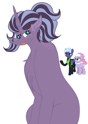 Size: 1538x2160 | Tagged: safe, artist:elhybridtrash, lavender essence, rolling thunder, oc, oc:fizzy iris, earth pony, pegasus, pony, unicorn, g4, bedroom eyes, blank flank, chest fluff, clothes, collar, ear fluff, eye scar, eyeshadow, female, freckles, headband, lavender thunder, lesbian, magical lesbian spawn, makeup, mare, offspring, open mouth, parent:lavender essence, parent:rolling thunder, parents:lavender thunder, raised hoof, scar, shipping, simple background, spa pony, tongue out, torn clothes, uniform, washouts uniform, white background