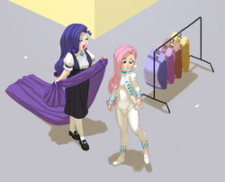 Size: 1175x950 | Tagged: safe, artist:carnifex, fluttershy, rarity, human, g4, green isn't your color, air ponyville, clothes, commission, dressup, duo, female, humanized, jumpsuit, misleading thumbnail, nudie suit, scene interpretation