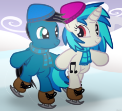 Size: 3600x3300 | Tagged: safe, artist:agkandphotomaker2000, dj pon-3, vinyl scratch, oc, oc:pony video maker, pegasus, pony, unicorn, g4, bipedal, canon x oc, clothes, duo, female, filly, filly vinyl scratch, foal, hat, high res, holding hooves, ice, ice skates, ice skating, male, scarf, shipping, skates, skating, straight, videoscratch, winter, winter hat, younger