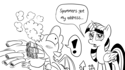 Size: 1200x675 | Tagged: safe, artist:pony-berserker, spike, twilight sparkle, alicorn, dragon, pony, pony-berserker's twitter sketches, g4, black and white, breaking the fourth wall, dragon mail, duo, exclamation point, female, gentlemen, grayscale, i can't believe it's not idw, looking at you, male, mare, monochrome, overload, scroll, signature, simple background, sketch, smoke, spam, twilight sparkle (alicorn), white background, winged spike, wings