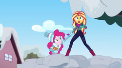Size: 1280x720 | Tagged: safe, screencap, pinkie pie, sunset shimmer, equestria girls, equestria girls specials, g4, my little pony equestria girls: better together, my little pony equestria girls: holidays unwrapped, saving pinkie's pie, female, snow, snowball, snowball fight