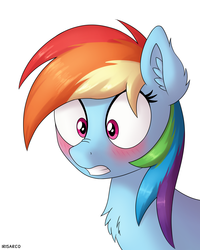 Size: 4000x5000 | Tagged: safe, artist:irisarco, rainbow dash, pegasus, pony, g4, absurd resolution, blushing, chest fluff, cute, dashabetes, ear fluff, embarrassed, female, frown, mare, nose wrinkle, reaction image, shocked, signature, simple background, solo, teeth, white background