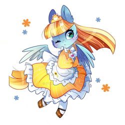 Size: 800x800 | Tagged: safe, artist:ipun, helia, pegasus, semi-anthro, g4, arm hooves, chibi, clothes, deviantart watermark, dress, female, maid, mare, obtrusive watermark, one eye closed, simple background, solo, transparent background, watermark, wink