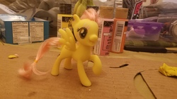 Size: 4032x2268 | Tagged: safe, fluttershy, oc, oc:treble fire, pegasus, pony, g4, female, mare, raised hoof, solo, toy, wip