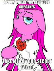 Size: 500x658 | Tagged: safe, pinkie pie, earth pony, pony, semi-anthro, fanfic:cupcakes, g4, arm hooves, female, misspelling, pinkamena diane pie, solo, watermark